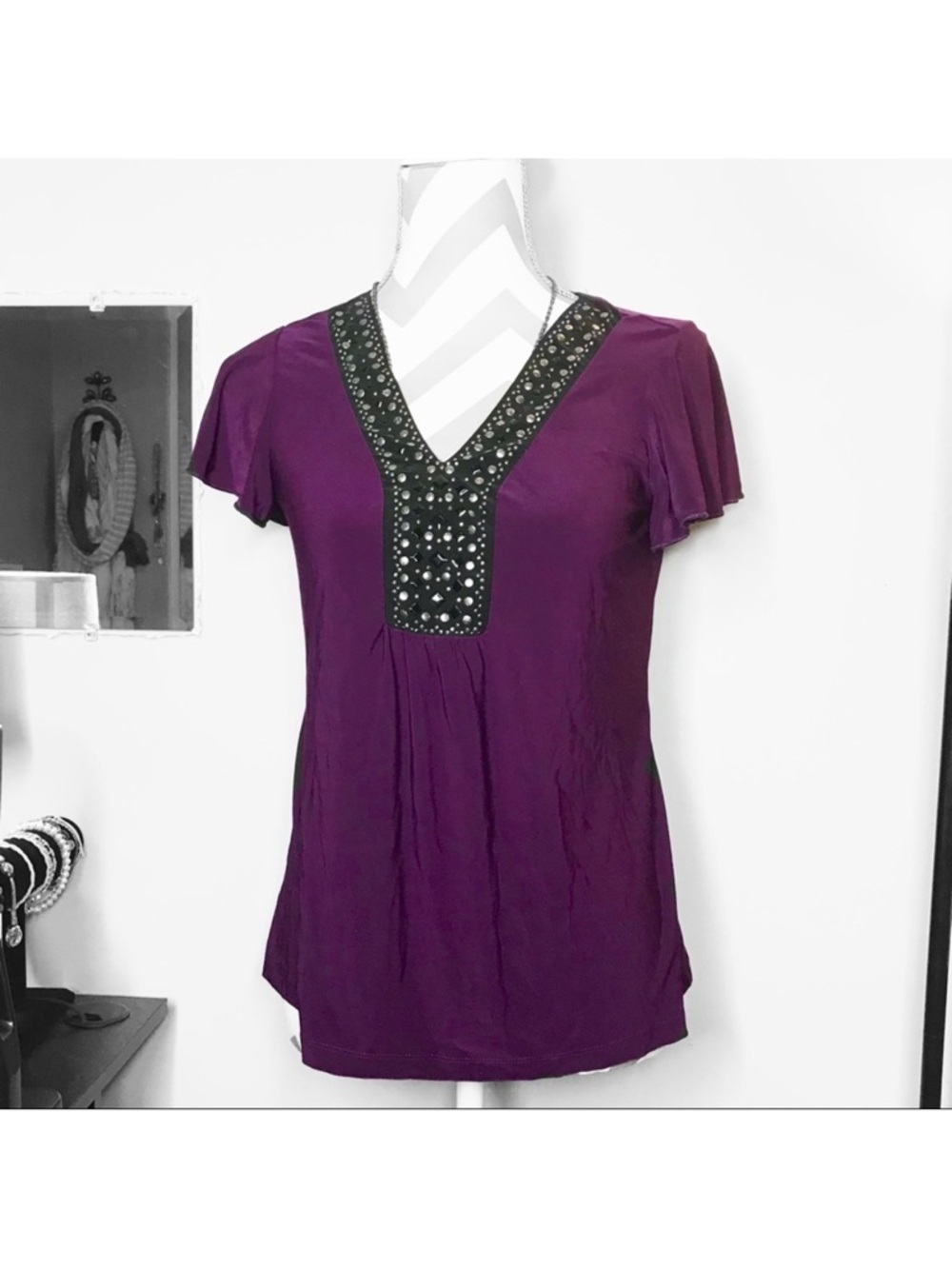 Plum Blouse with Embellished V-Neck